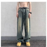 Men Jeans Washed Worn Jeans Loose Wide-Leg Straight Pants